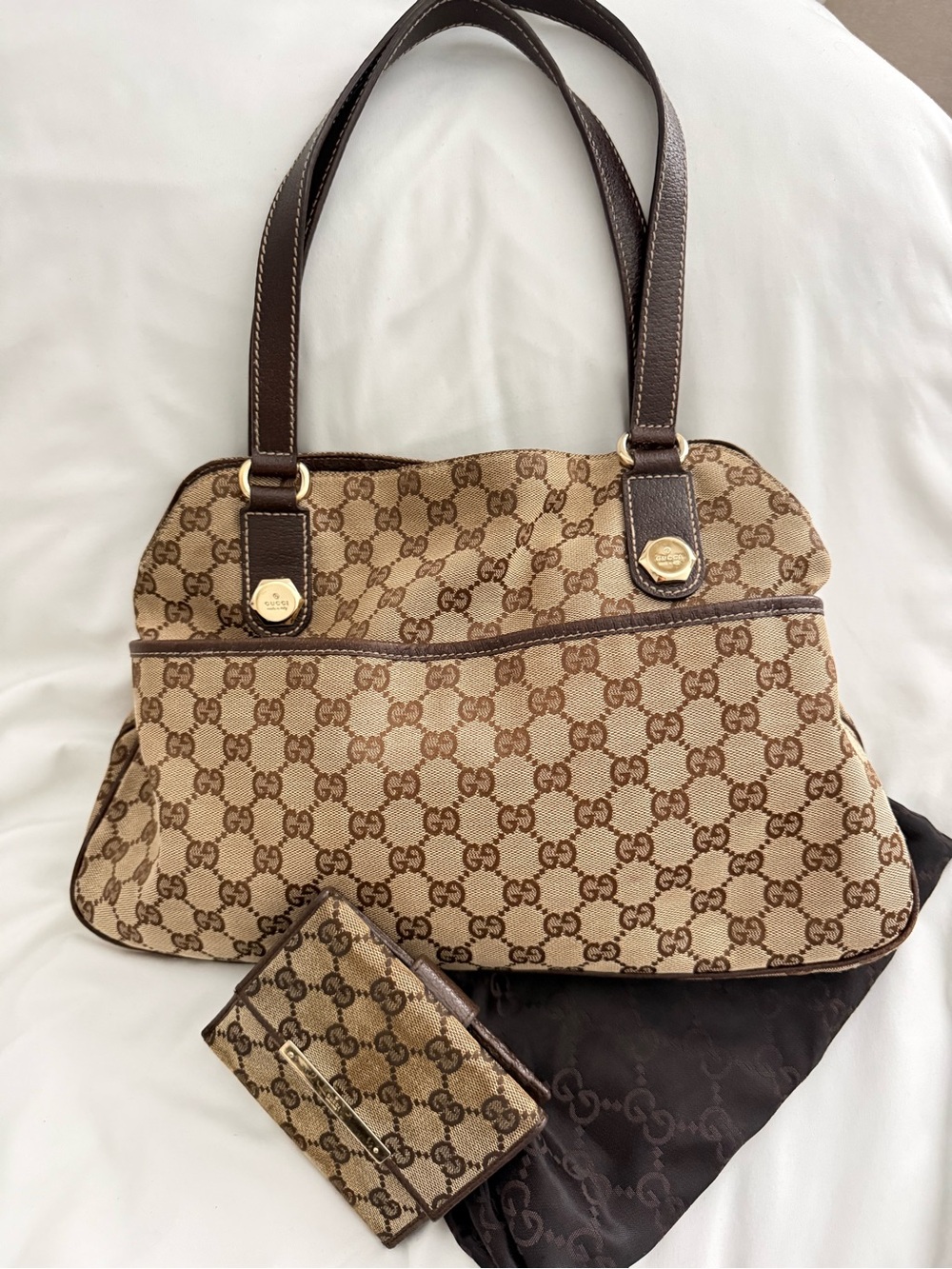 Gucci Beige and Brown GG Canvas Shoulder Bag with Gold Hardware and Wallet